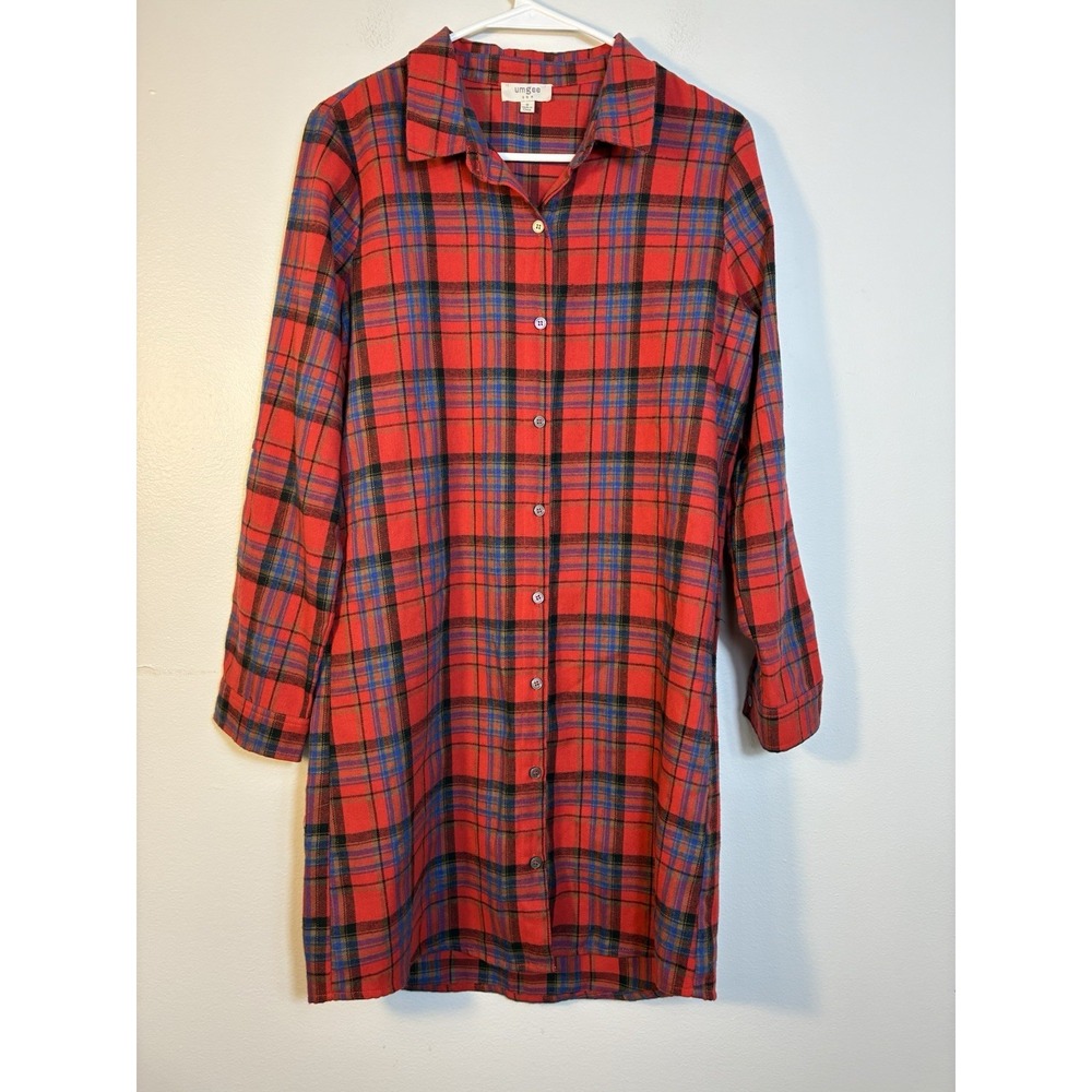 Umgee Tartan Plaid Flannel Dress Sz Small Red Long Sleeve Button Up